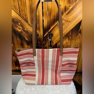 Striped Red Canvas Tote Bag with Brown Handles